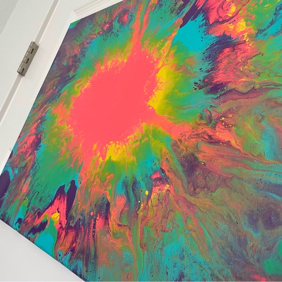 🎉🌈 ORIGINAL PAINTING 16”x20” Rainbow Tie Dye Coral Yellow Green Blue Purple - Picture 2 of 5